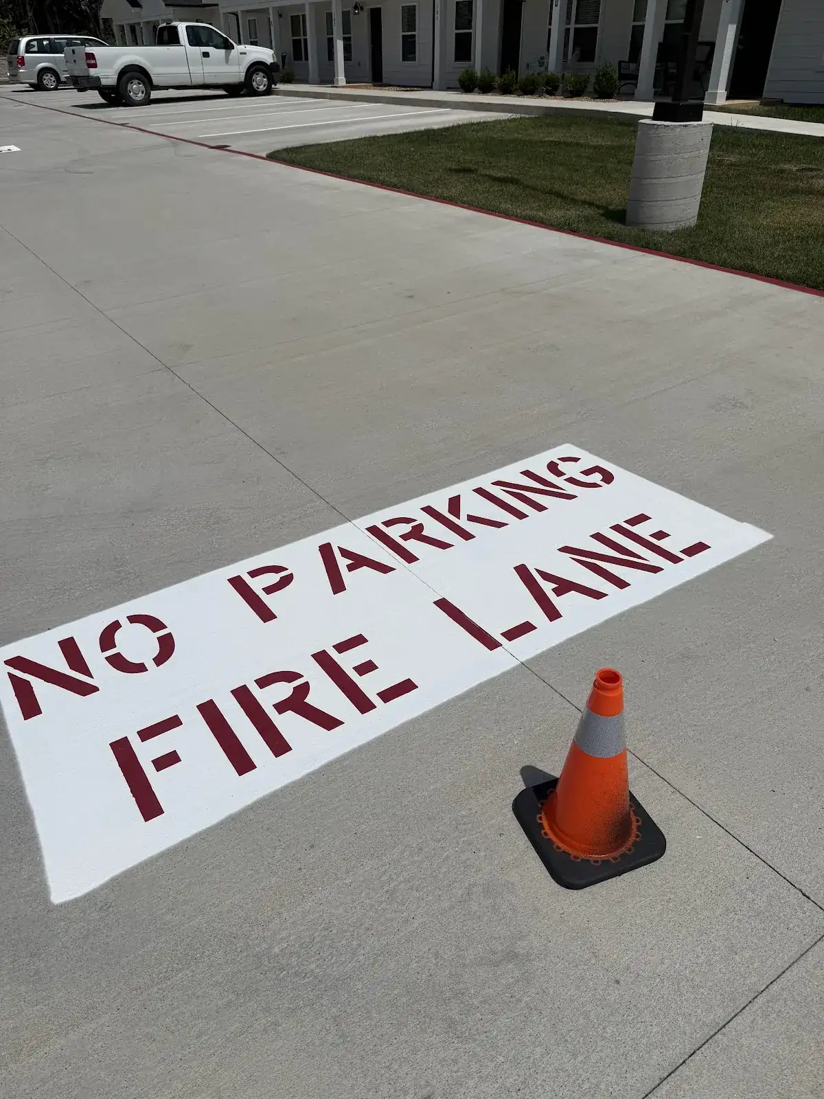 A crisp red fire lane stencil