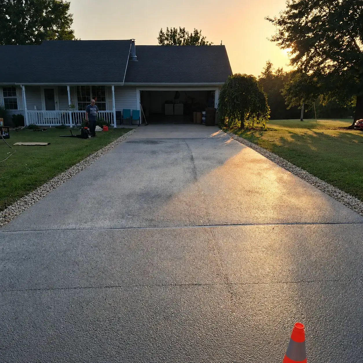 Freshly cleaned driveway in evening light