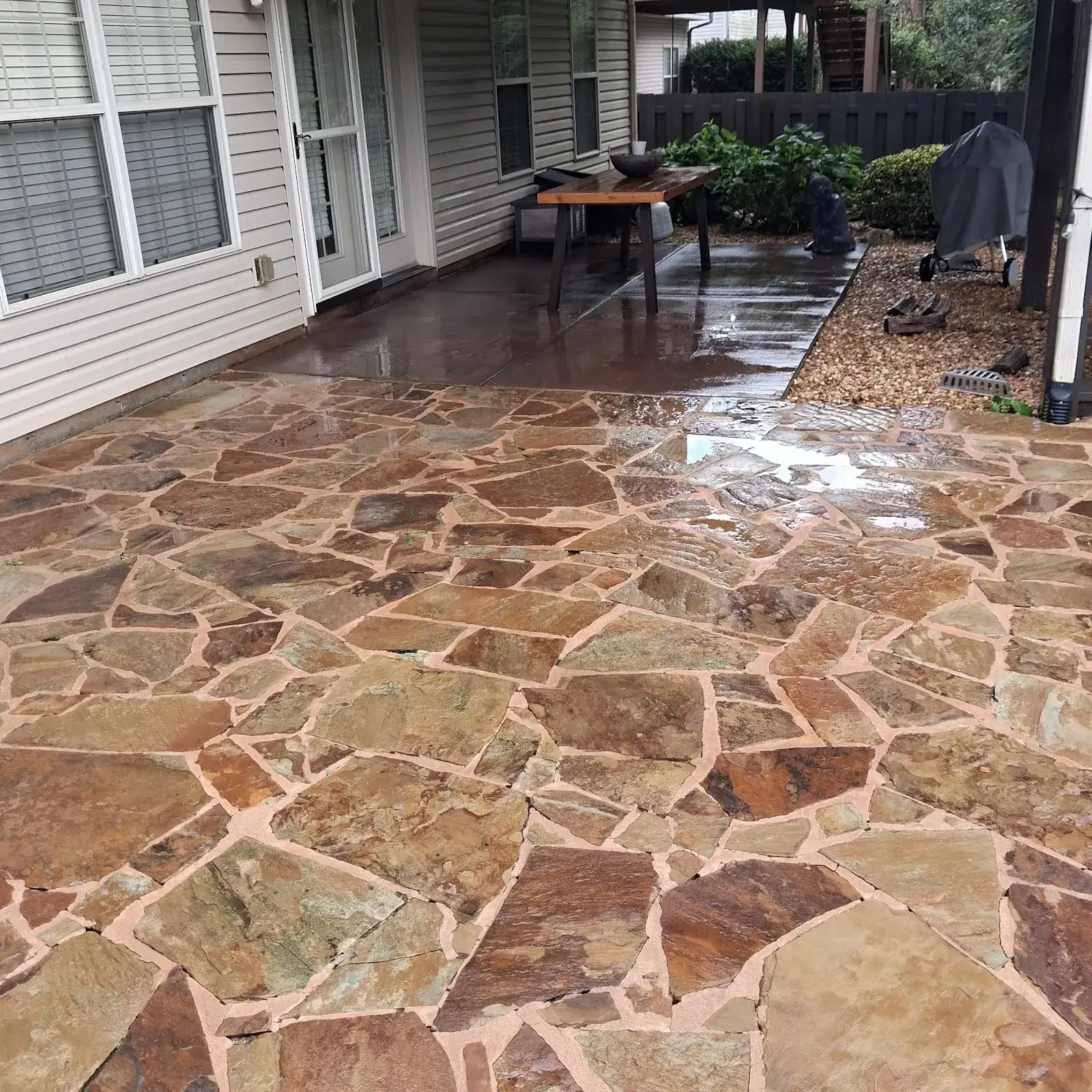 Freshly washed flagstone patio